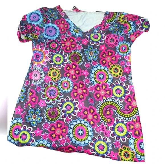 Womens Groovy Floral Print Scrub Top - Picture 1 of 3